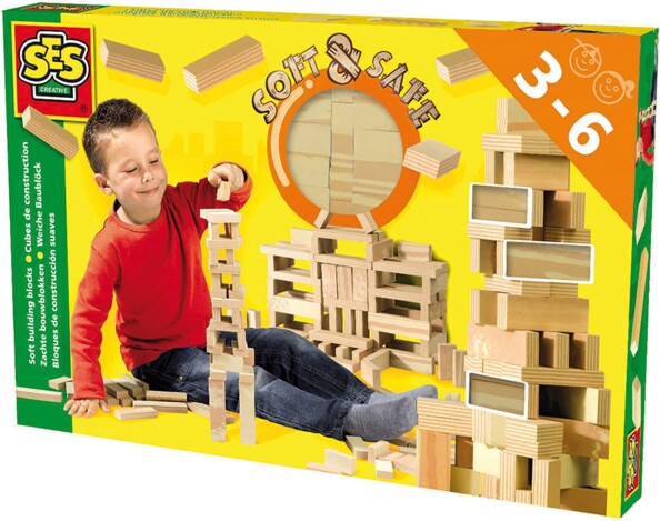 SES Creative Soft Construction Cubes 42 stuks: zachte bouwblokken met houtlook