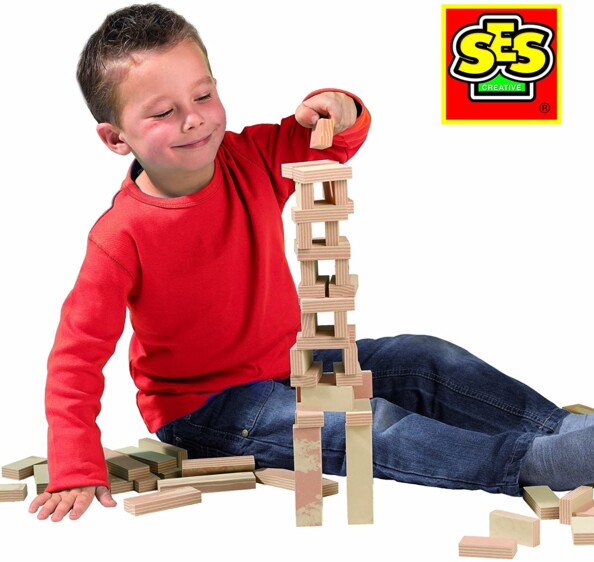 SES Creative Soft Construction Cubes 42 stuks: zachte bouwblokken met houtlook