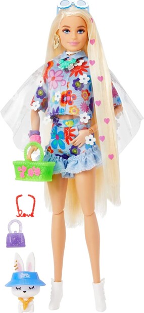 Mattel Barbie Extra pop met bloemenjurk en konijntje