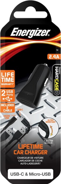 Energizer 12V autolader met 2 x USB 2,4 A en 2 kabels